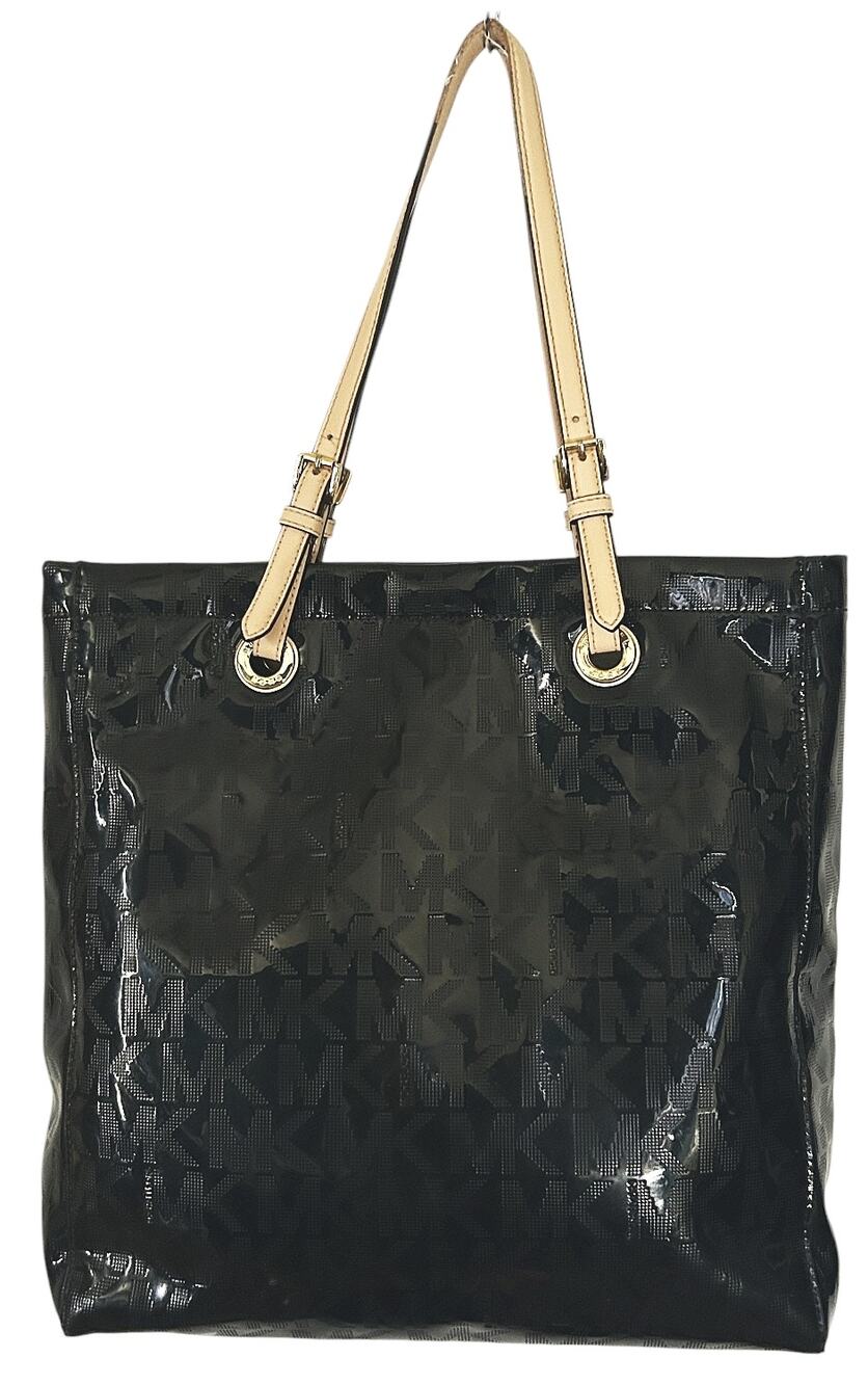 Michael Kors Large Black Canvas & Tan Leather Jet Set Logo Tote Bag